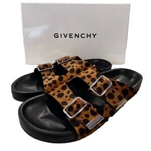 GIVENCHY Size 41 / 9 Swiss Leopard Calf Hair Buckled Slide Mule Flat Sandals NEW